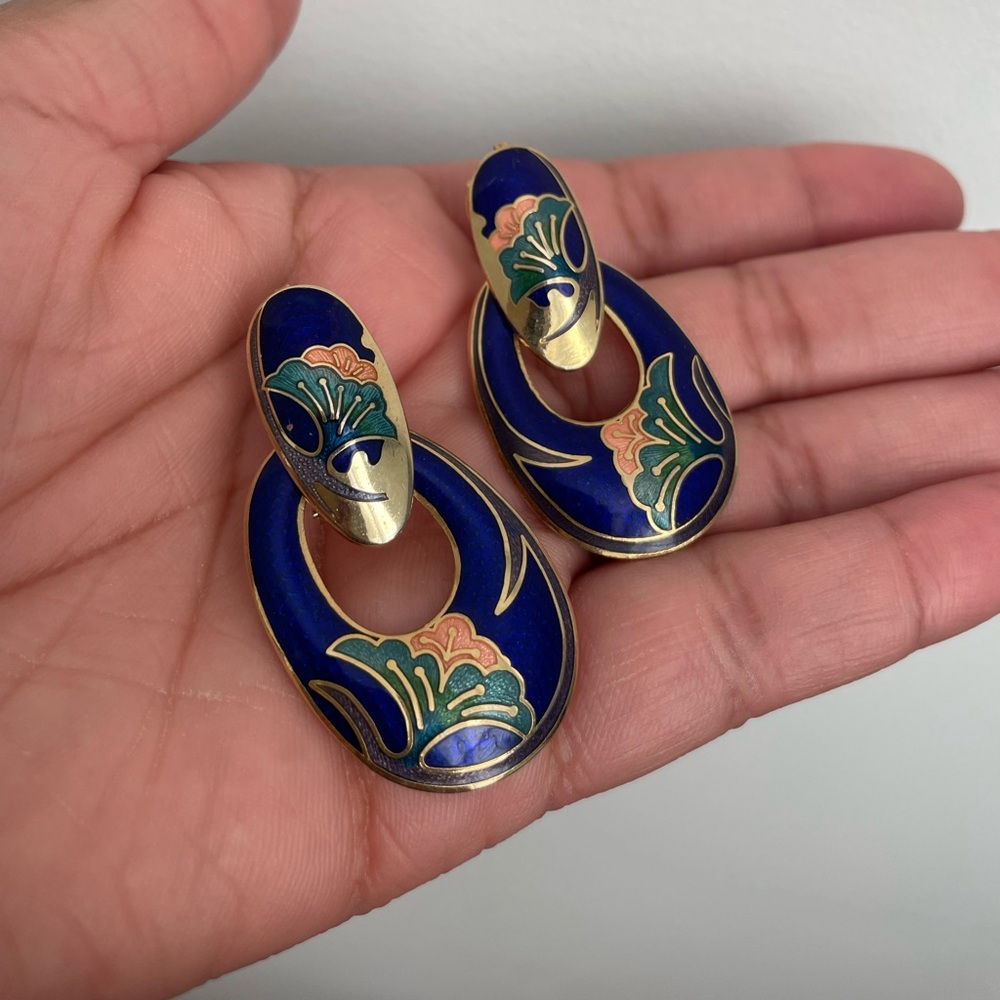 Blue and Gold Ornate Dangle Earrings (Vintage)
